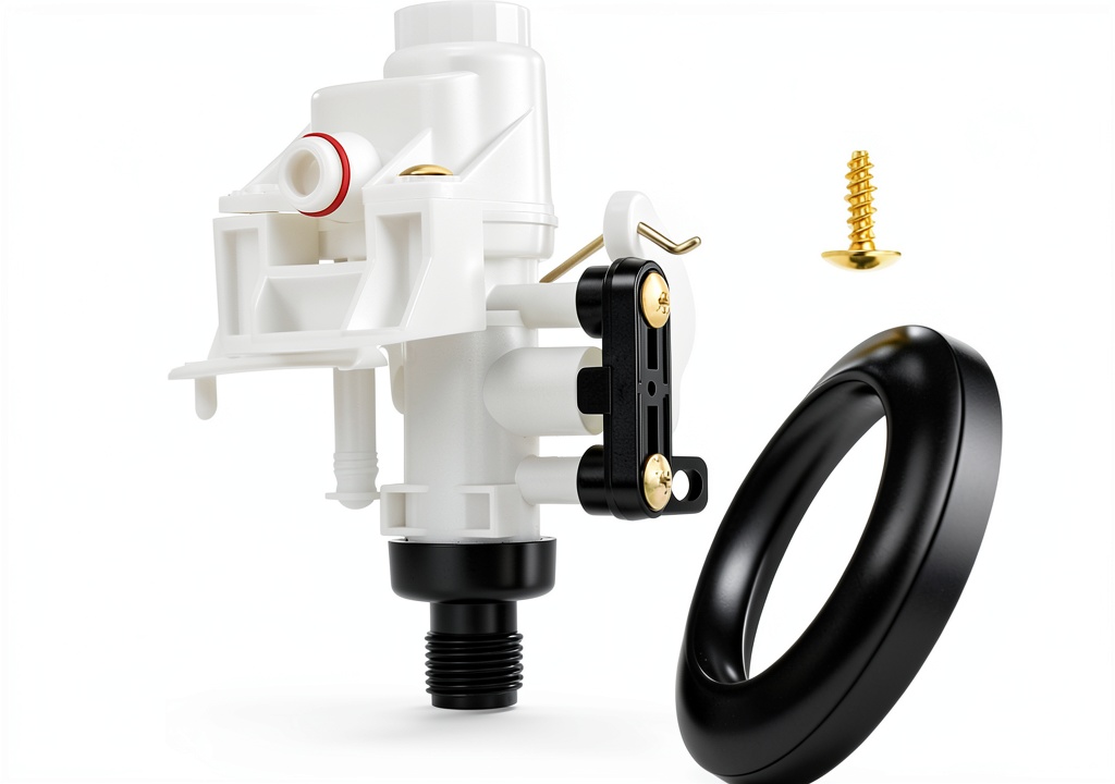 RV toilet valve kit installed in a compact bathroom