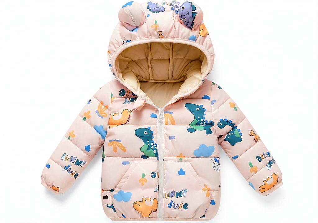 Installing CozyKids Toddler Down Jacket - Ivory White 2-3T Nylon Shell on a wooden desk