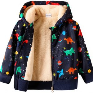 Toddler Fleece Jacket Boys Full Zip Hoodie with Dinosaur Print Navy-0